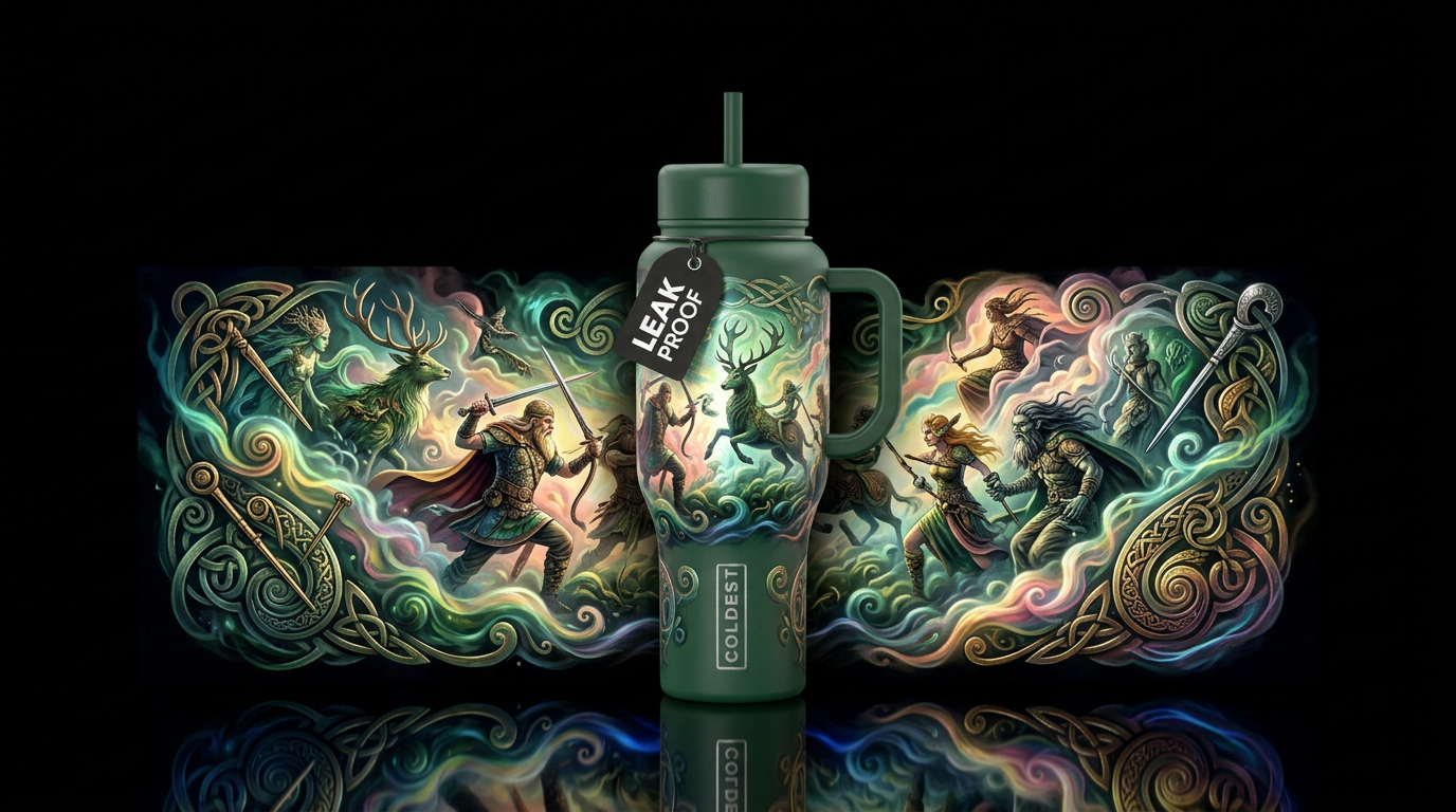 Ancient Tuatha De Dana, nature, iridescent, green,... water bottle design