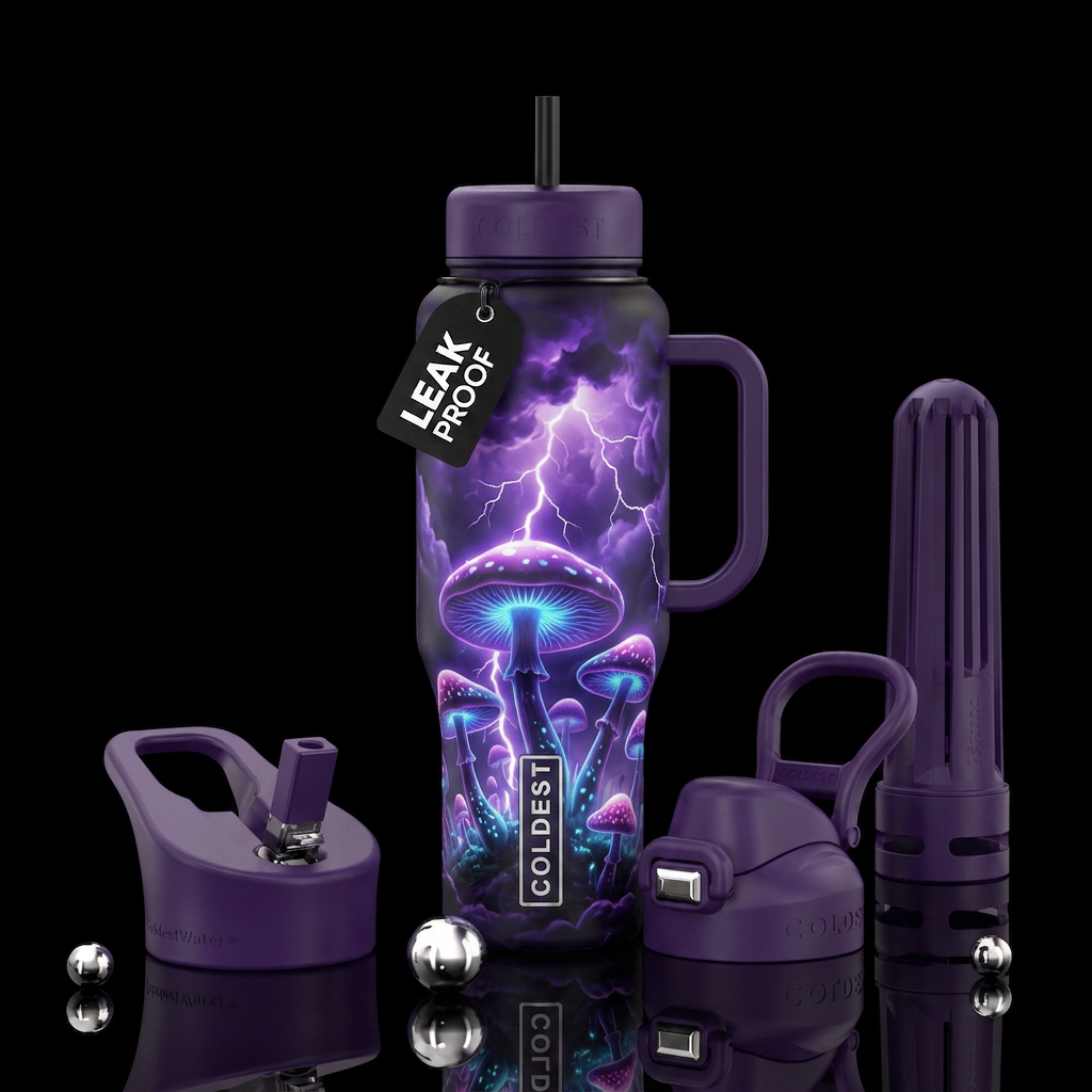Glowing mushrooms and lightning with purple clouds water bottle design