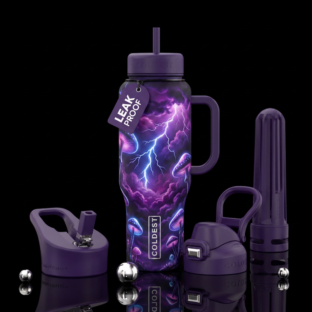 Glowing mushrooms and lightning with purple clouds water bottle design
