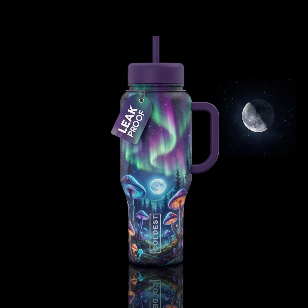 Mushrooms glowing under moonlight with aurora bore... water bottle design