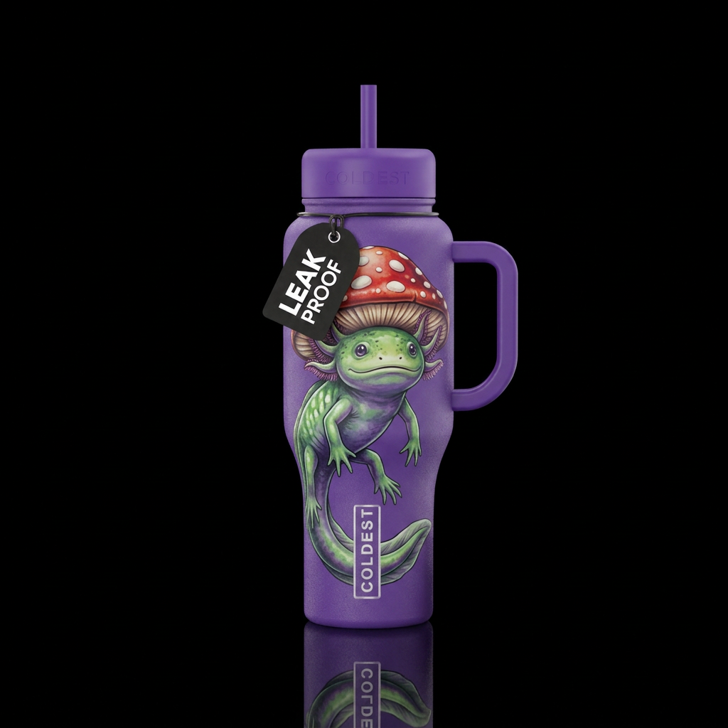 Green and purple axolotl wearing a mushroom hat water bottle design