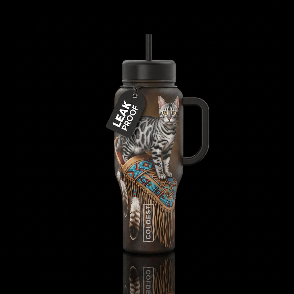 Silver and charcoal Bengal cat with gold eyes stan... water bottle design