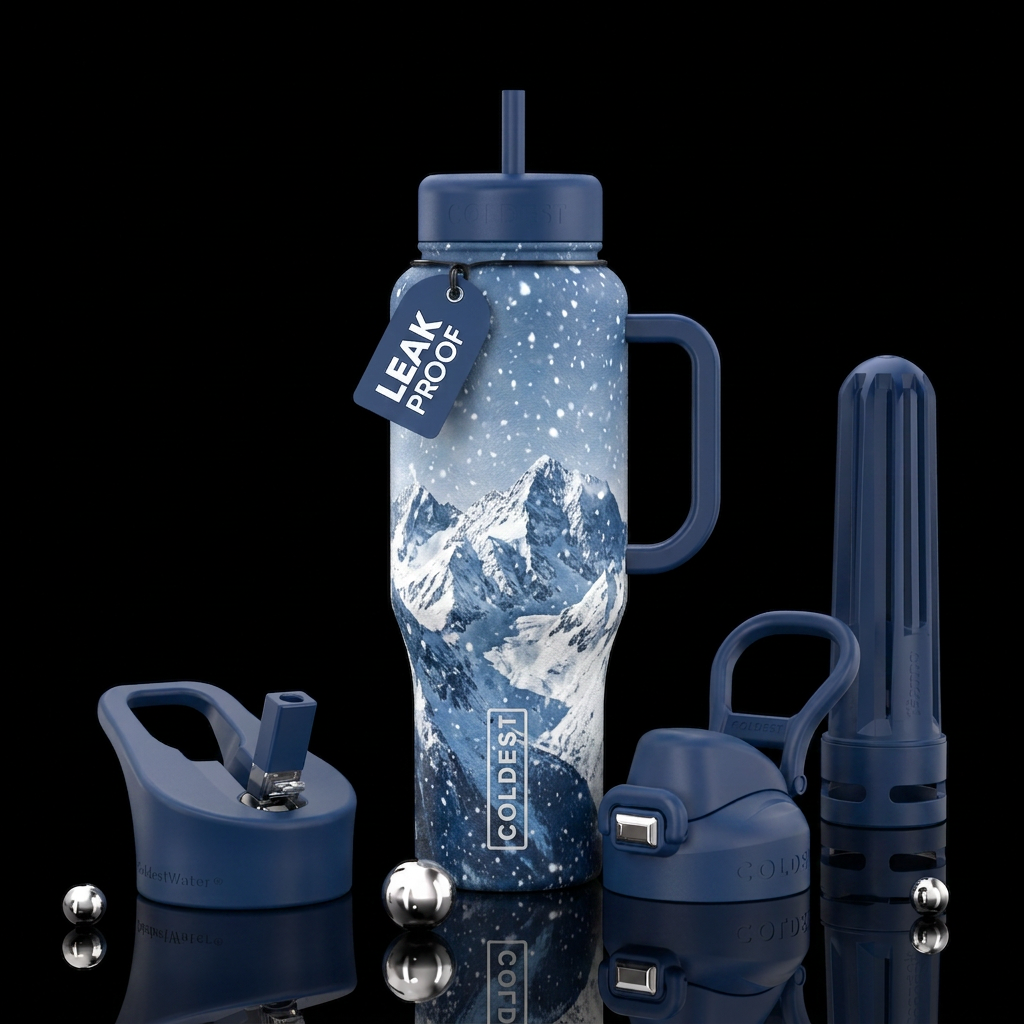 Snow falling on mountain peaks water bottle design