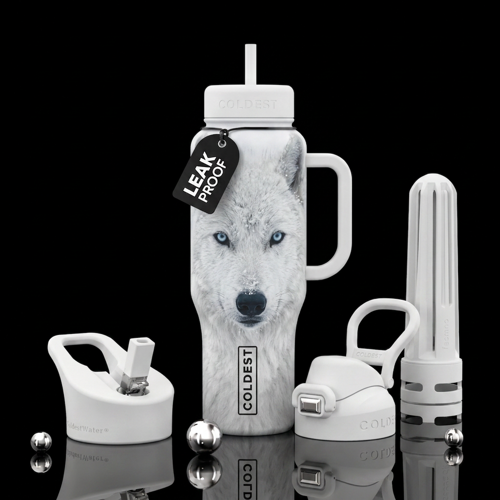 Snow white wolf water bottle design