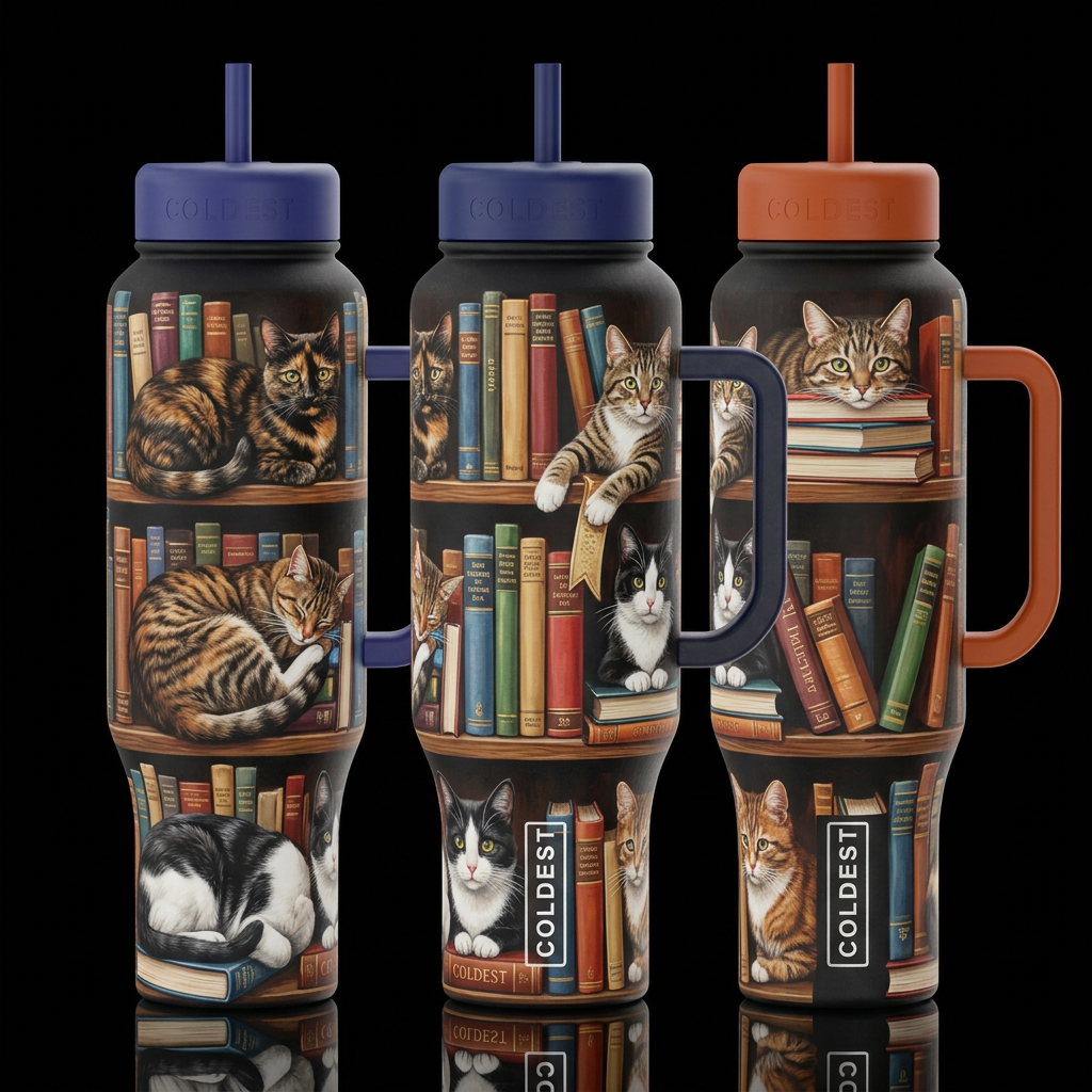 Realistic Cats and books water bottle design