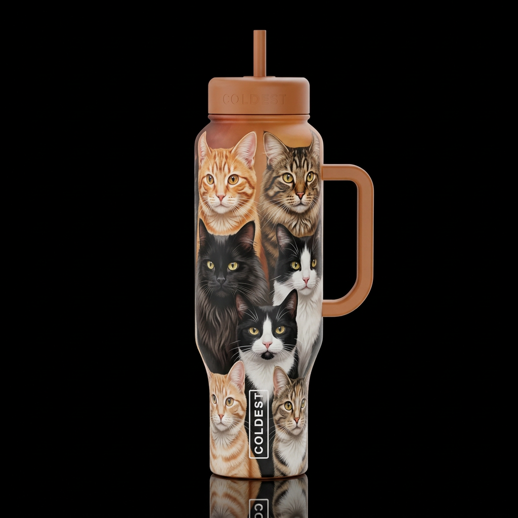 Orange tabby cat, brown tabby cat, long haired bla... water bottle design