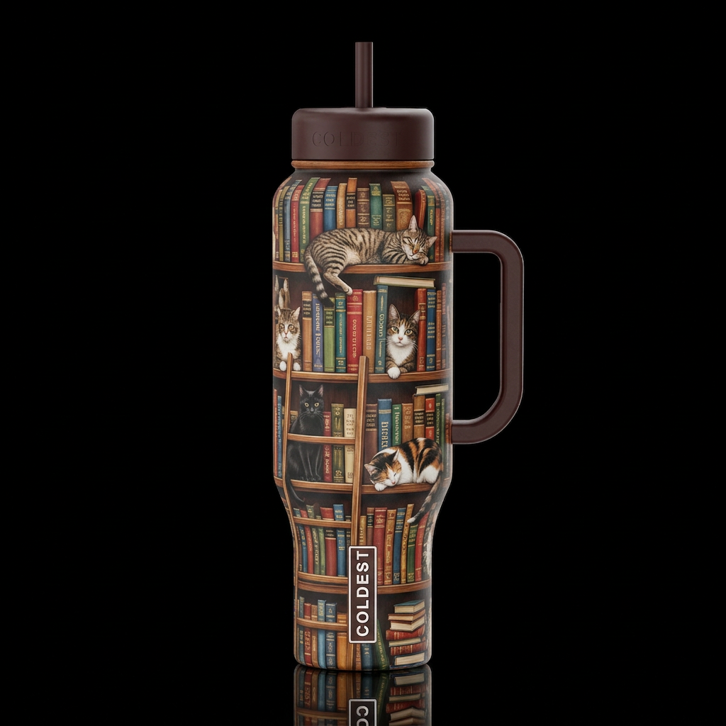 Realistic Cats and Books/library water bottle design