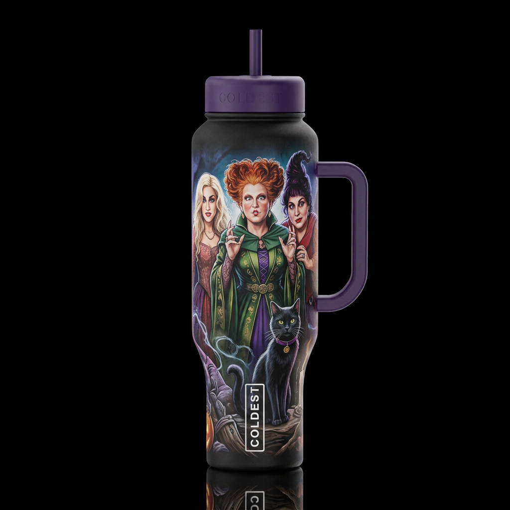 Hocus Pocus 2 witches and Cobweb the Cat water bottle design