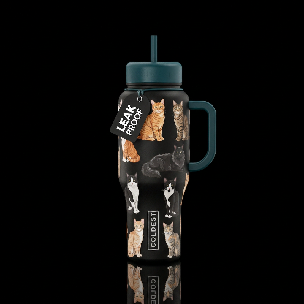 Orange tabby cat, brown tabby cat, long haired bla... water bottle design