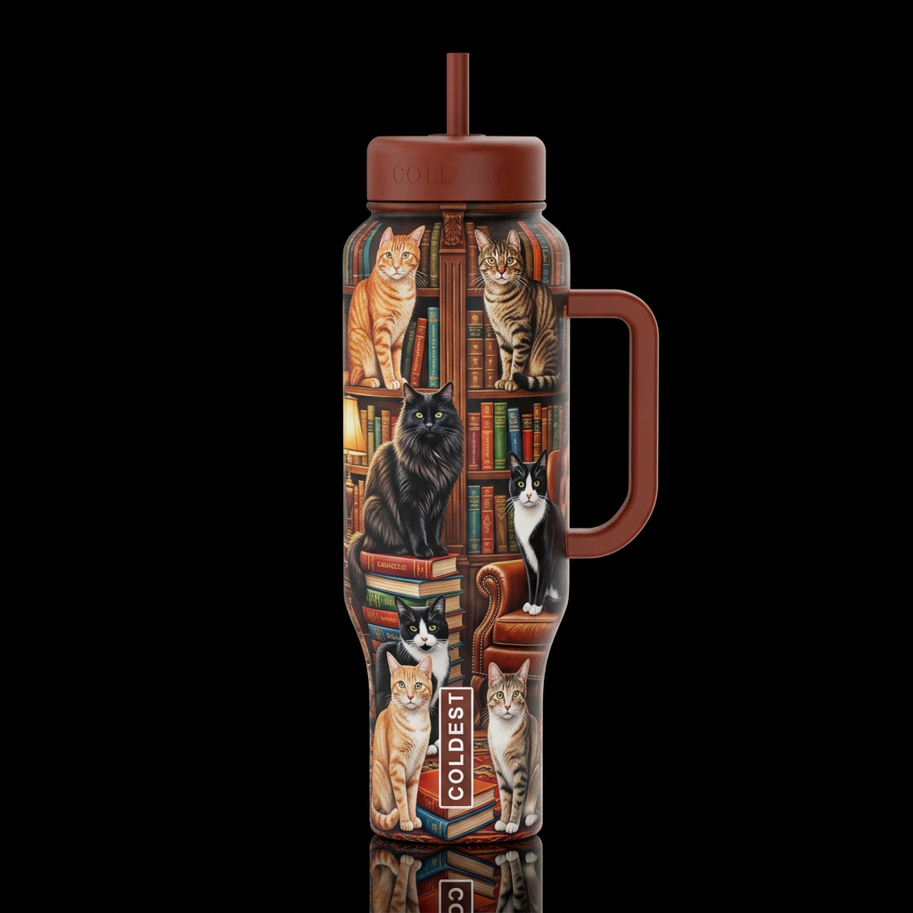 Orange tabby cat, brown tabby cat, long haired bla... water bottle design