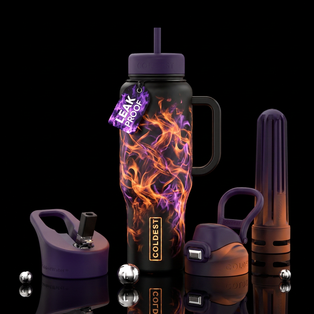 Orange fire streaks, purple fire streaks, black, b... water bottle design