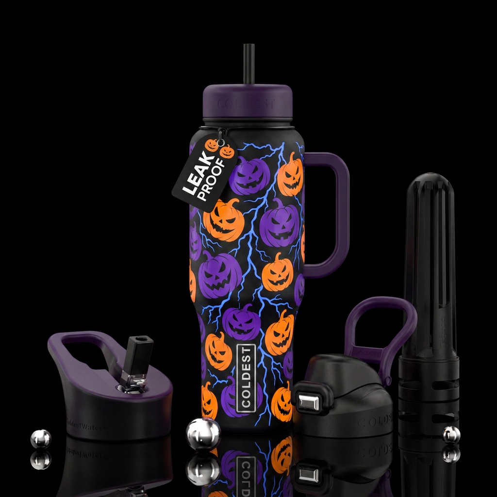 Orange silhouette pumpkin, purple silhouette pumpk... water bottle design
