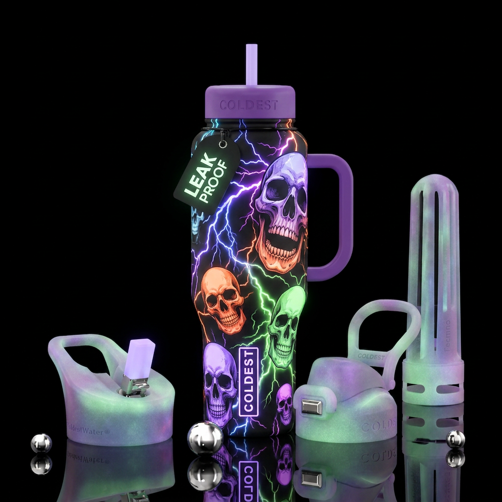 Matching lids and handle, glow in dark, purple ora... water bottle design