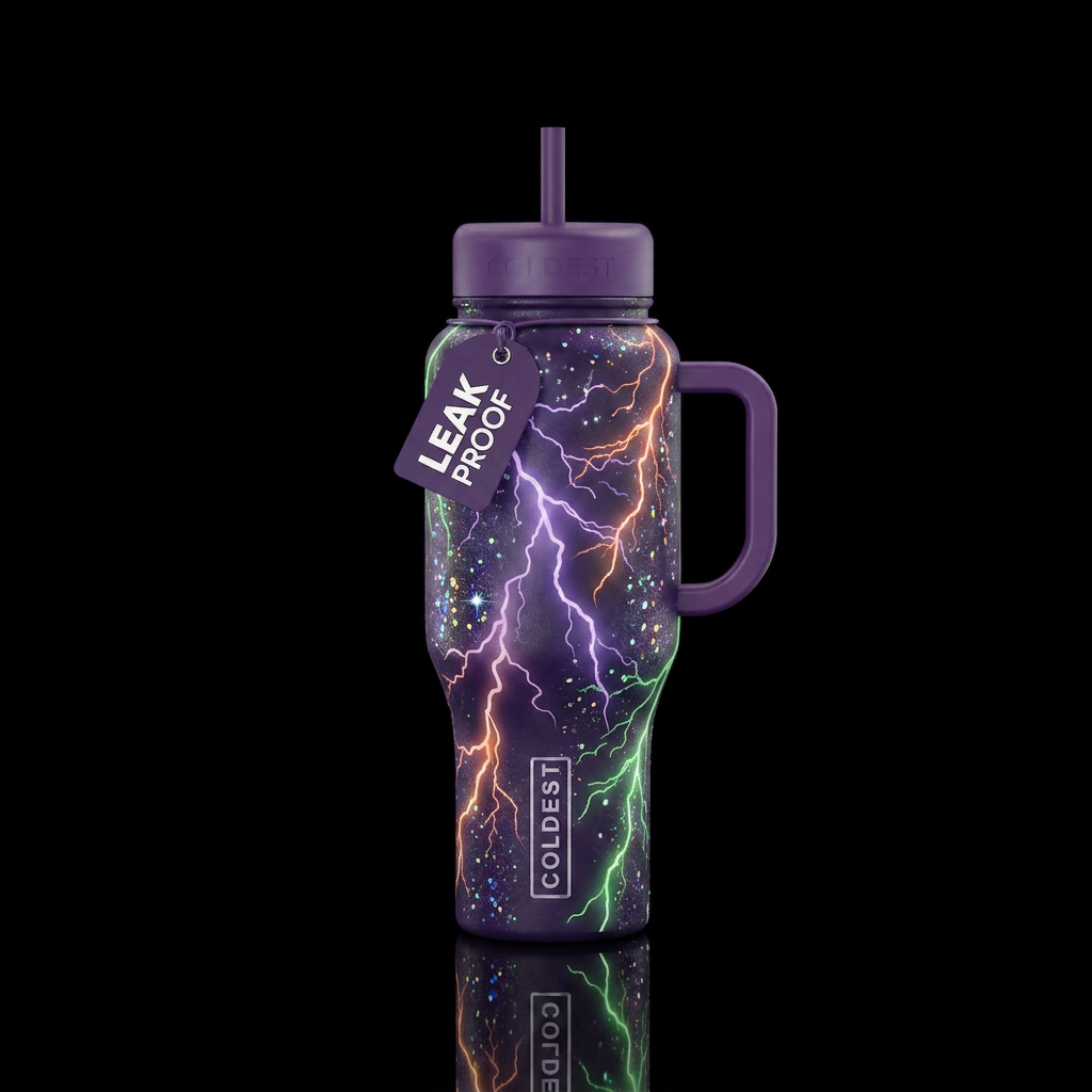 Dark purple bottle, purple handle & lids, lightnin... water bottle design
