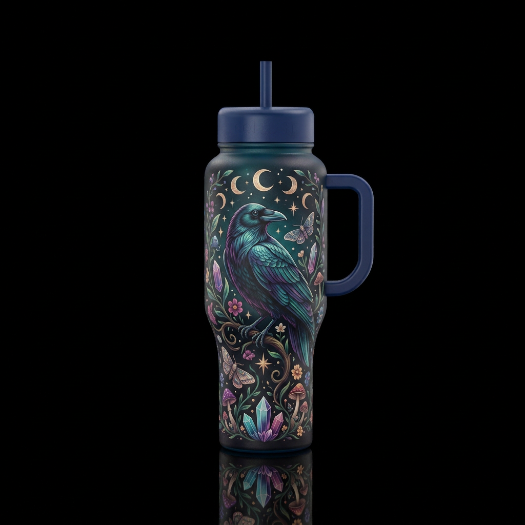 Create a sophisticated enchanted raven tumbler des... water bottle design