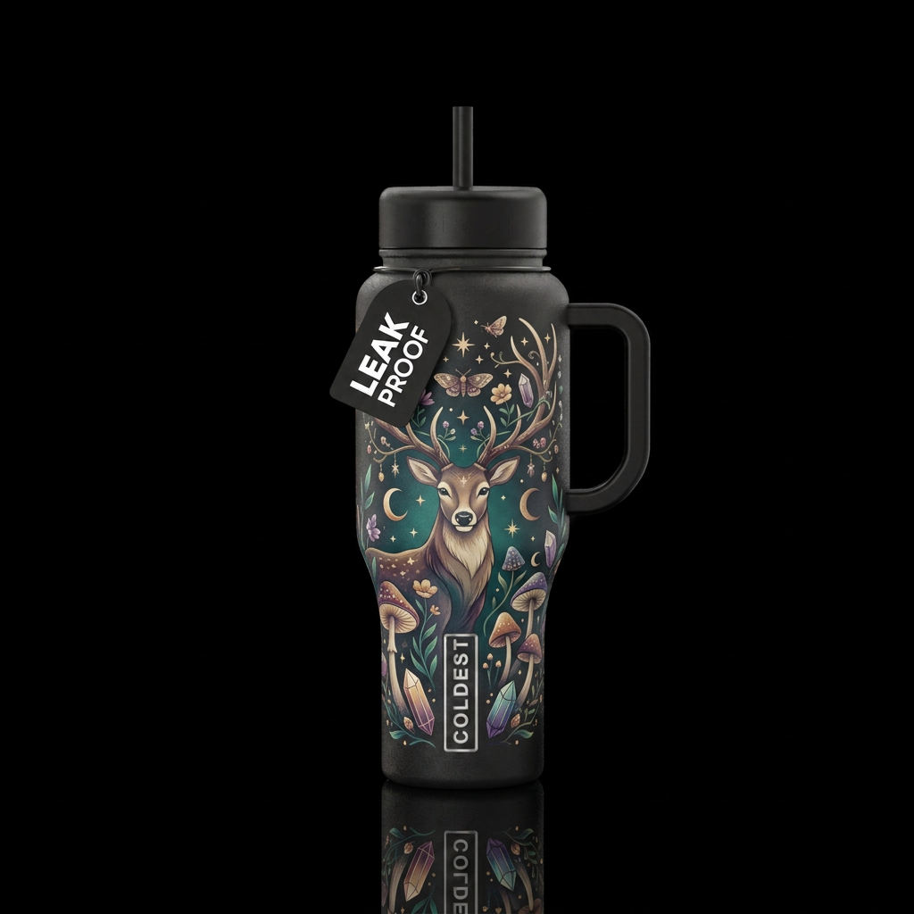 Create a sophisticated enchanted deer tumbler desi... water bottle design