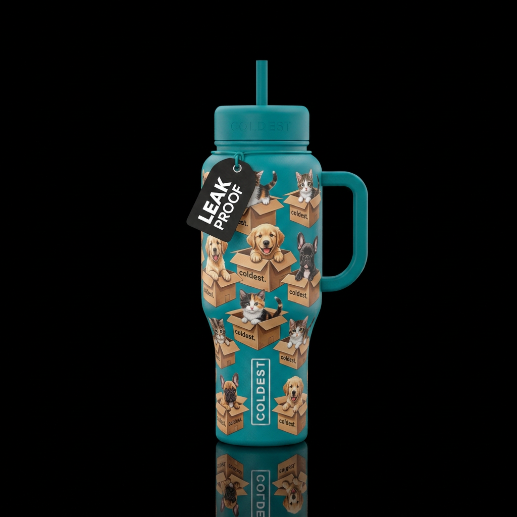 Create a bottle with puppies and kittens playing i... water bottle design