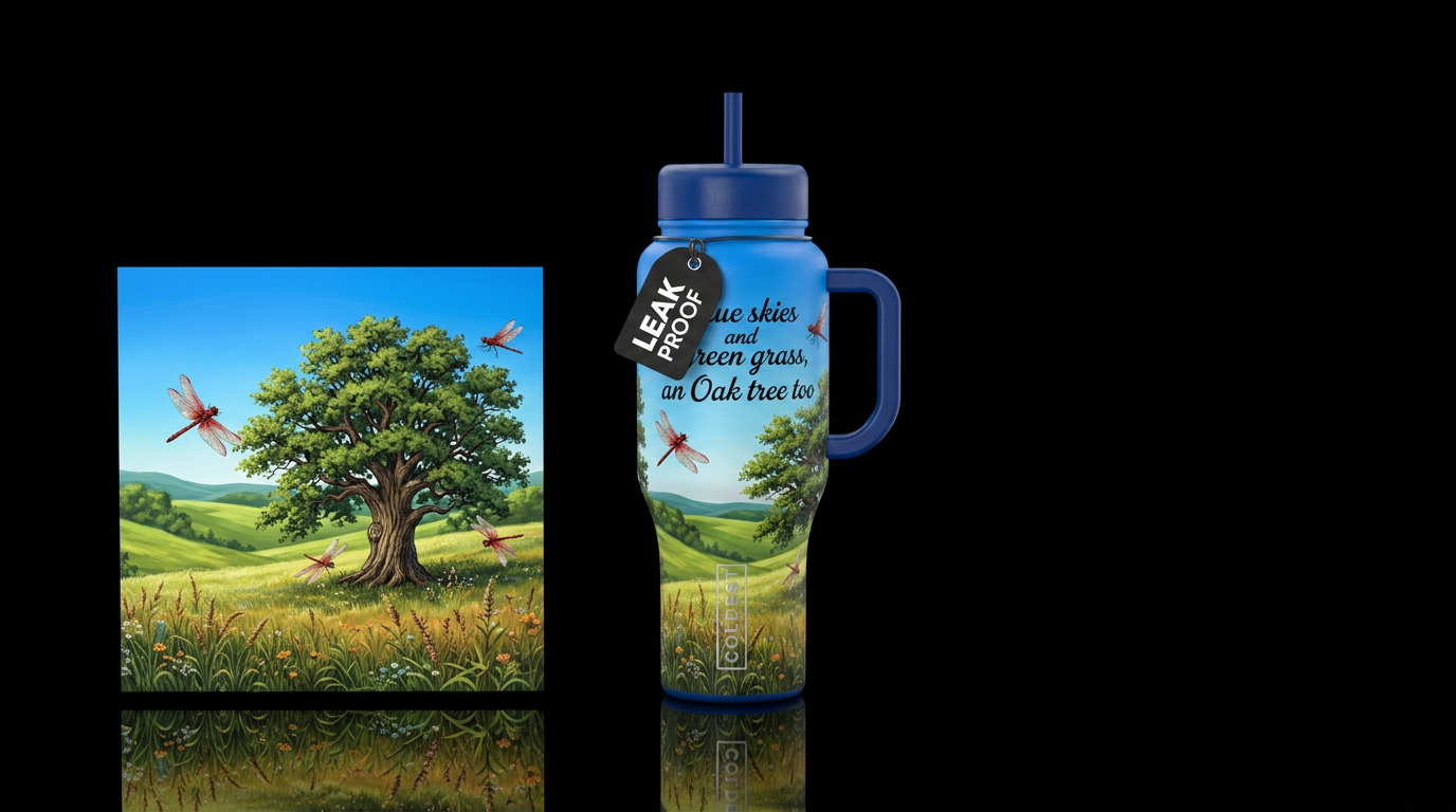 Red dragonflies, red hand and lid blue skies green... water bottle design