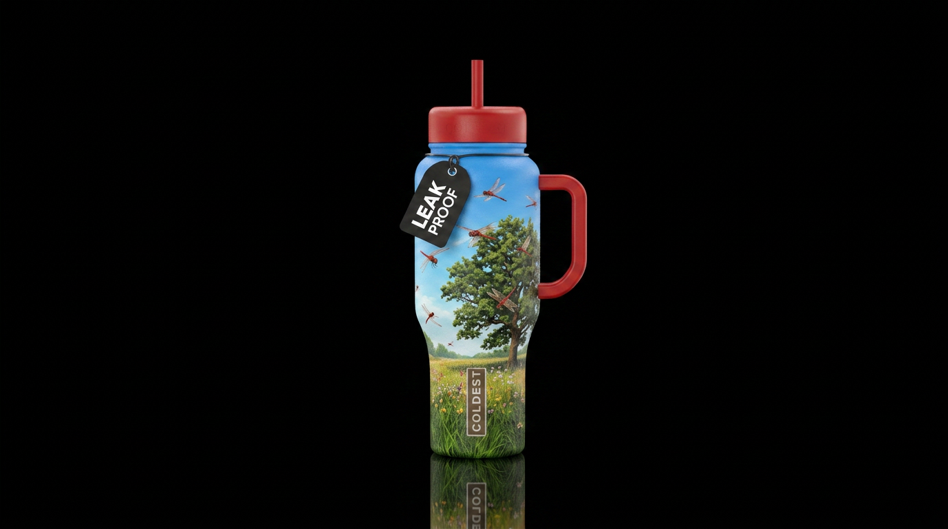 red dragonflies, blue skies, green grass, oak tree... water bottle design