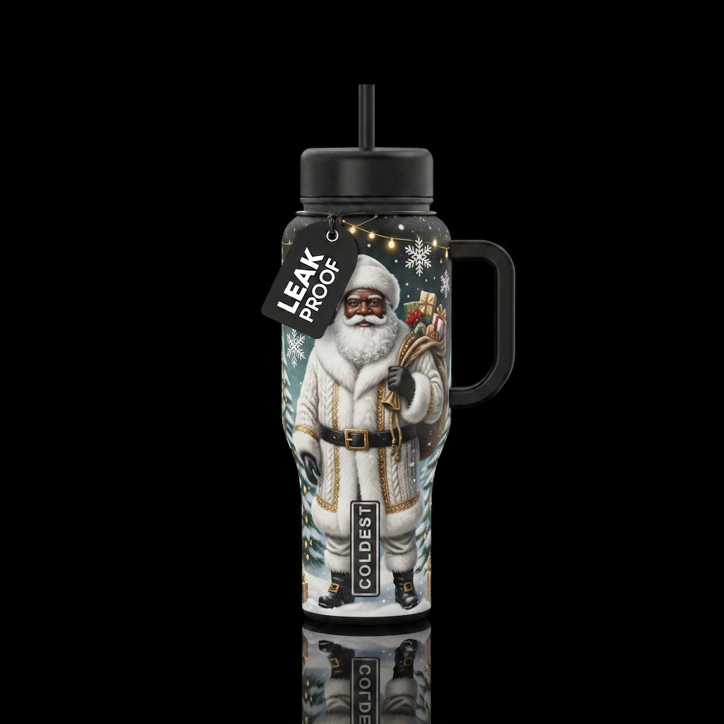 Black Santa white Christmas water bottle design