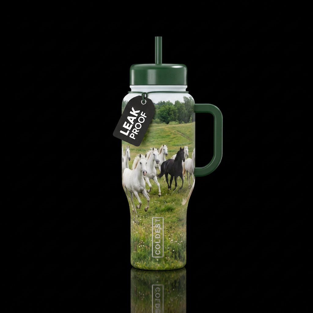 All white horses and 1 black horse in an open fiel... water bottle design