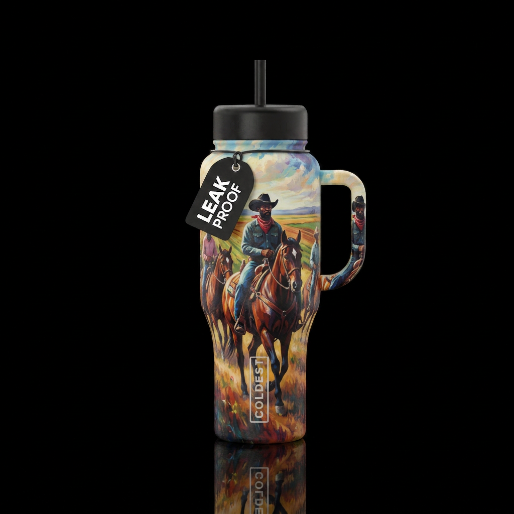 Black Cowboys and farm land water bottle design