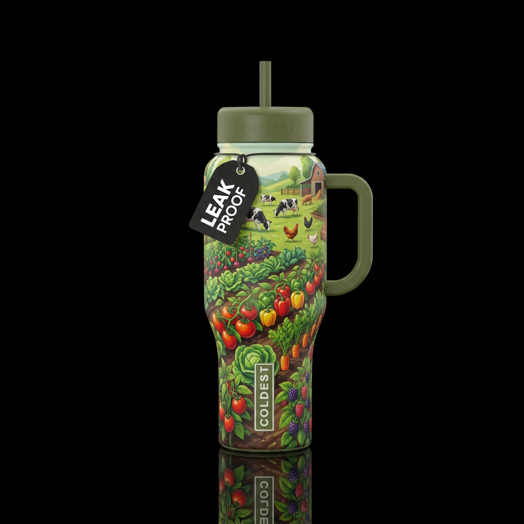 A garden, with fruits and vegetables growing, cows... water bottle design