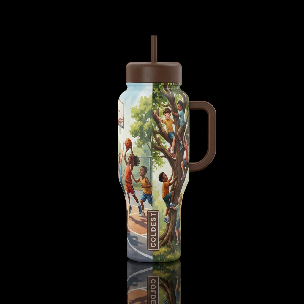 Different shades or skinned children playing baske... water bottle design