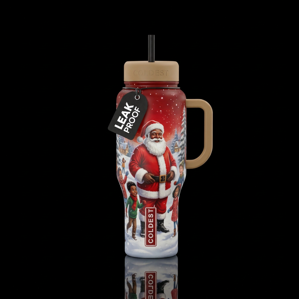 Black Santa, red background, tan lip and handle, s... water bottle design