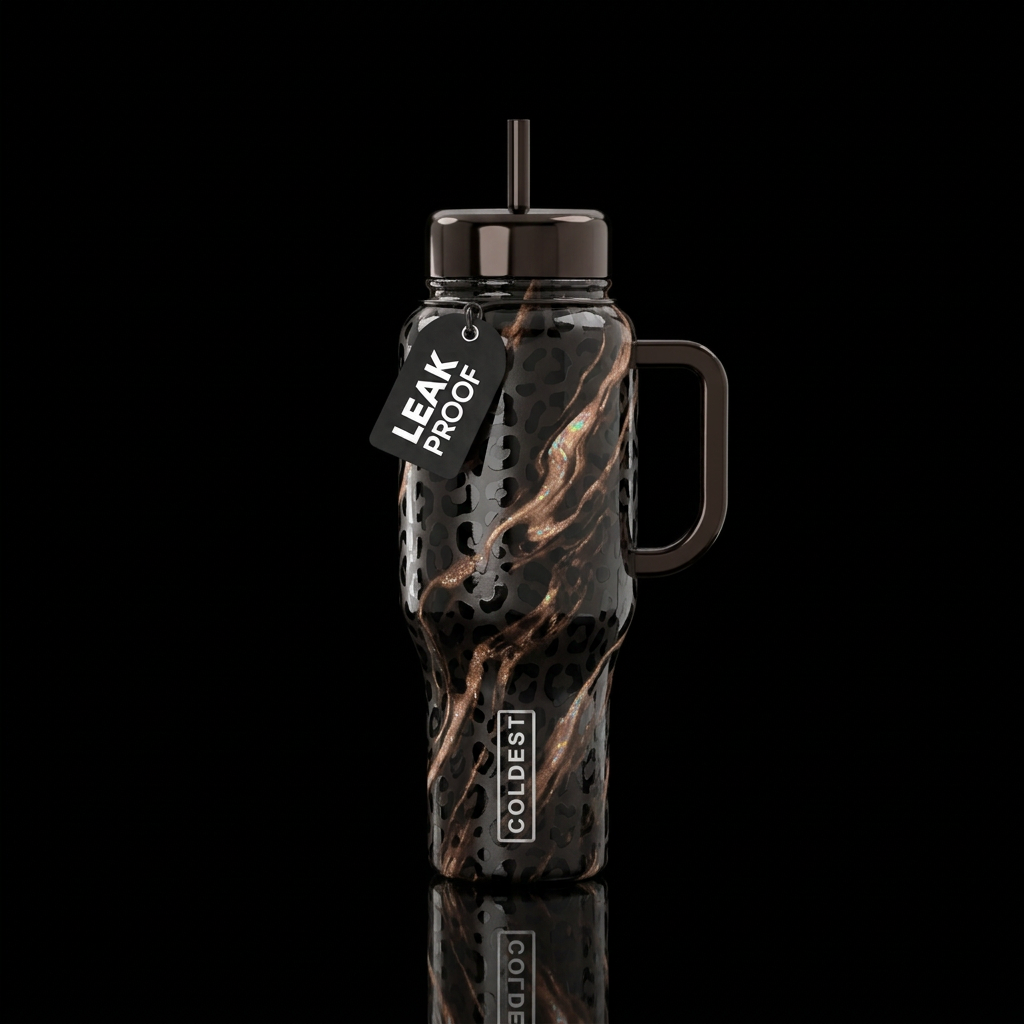 Black cheeta print, all black bottle, light brown ... water bottle design