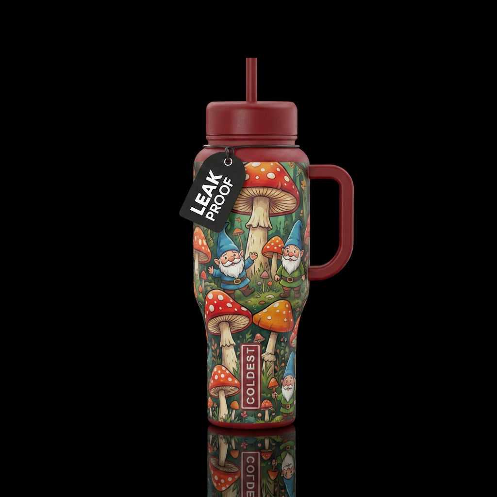 whimsical mushrooms and gnomes water bottle design