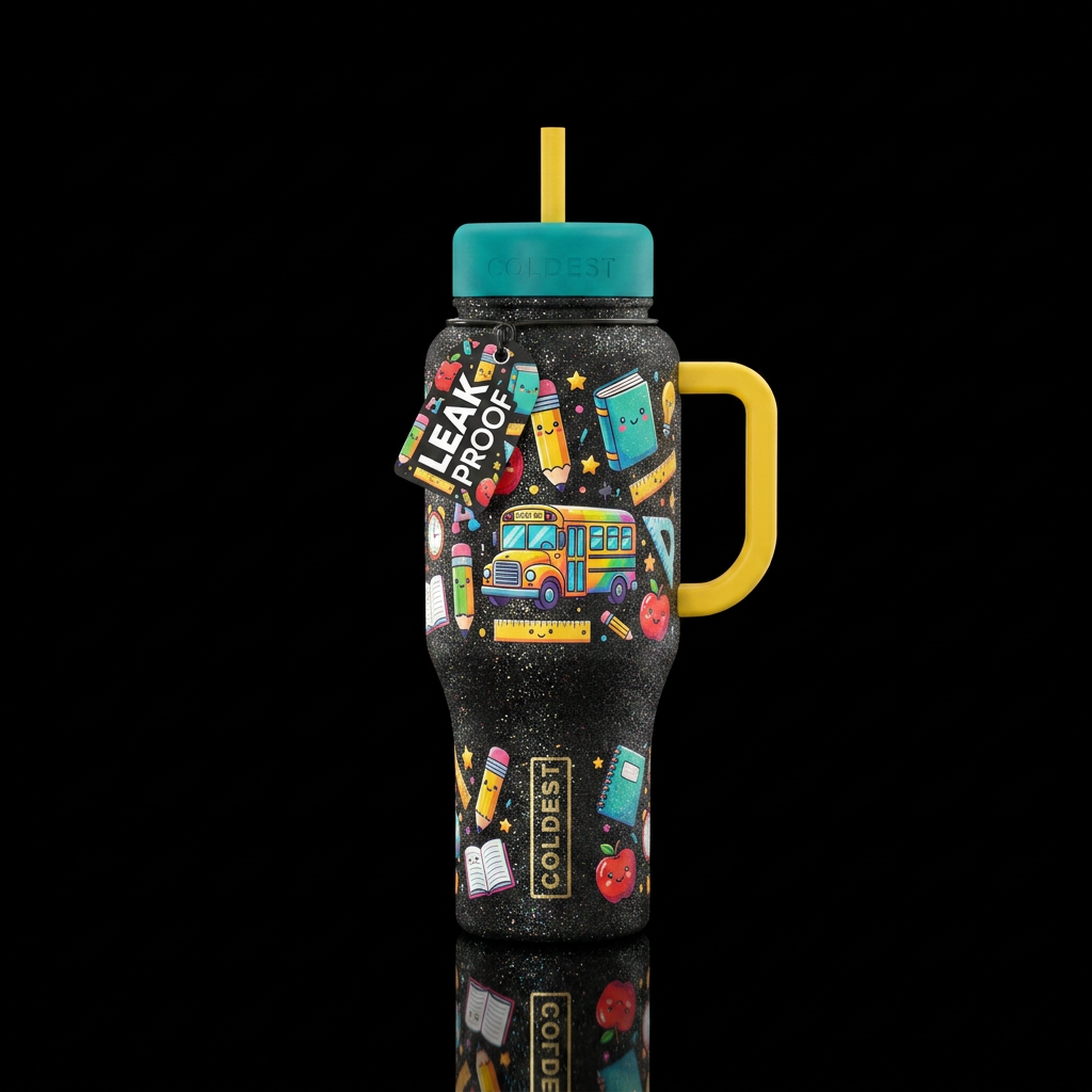 back to school whimsy, happy mood, sparkly water bottle design