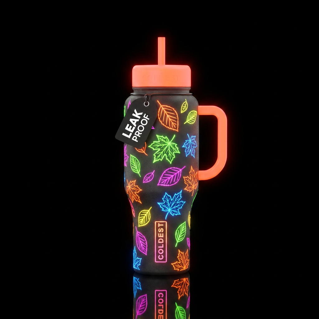 falling leaves, neon water bottle design