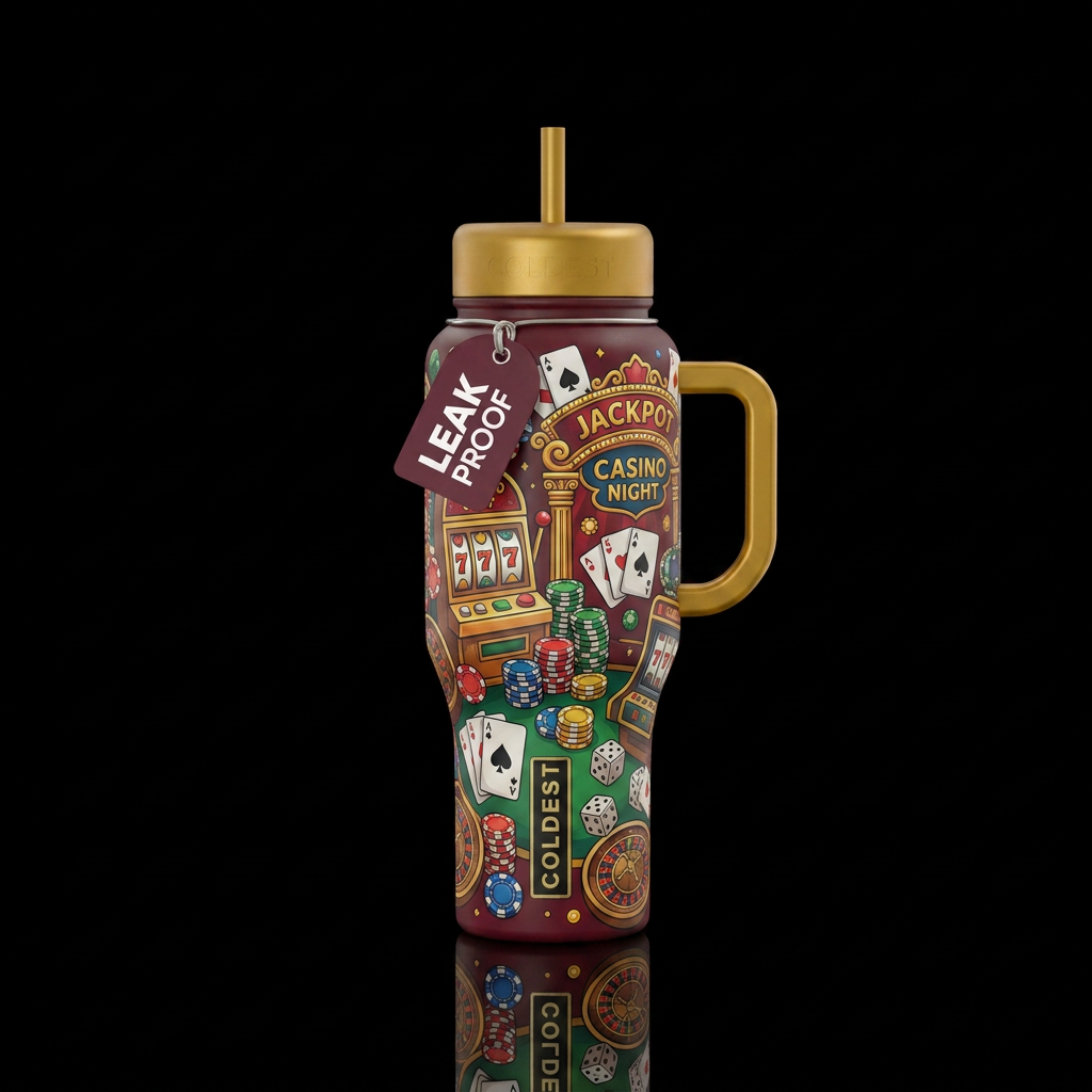 casinos and slot machines, whimsical, water bottle design
