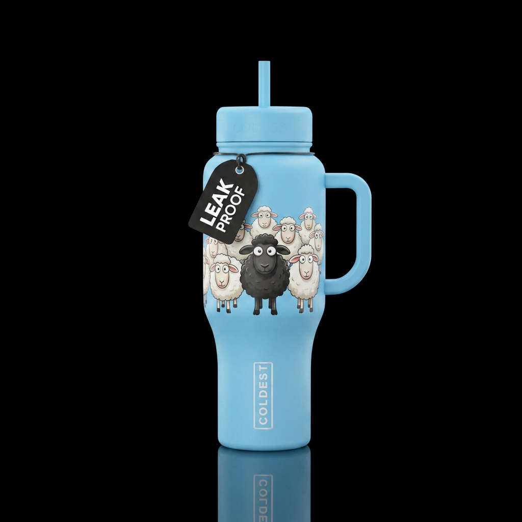 one black sheep in the group, whimsical, funny water bottle design