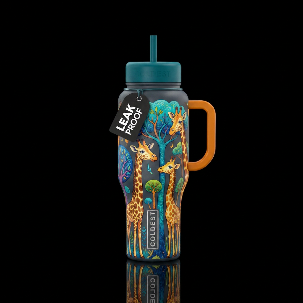 giraffes, whimsical, trees water bottle design
