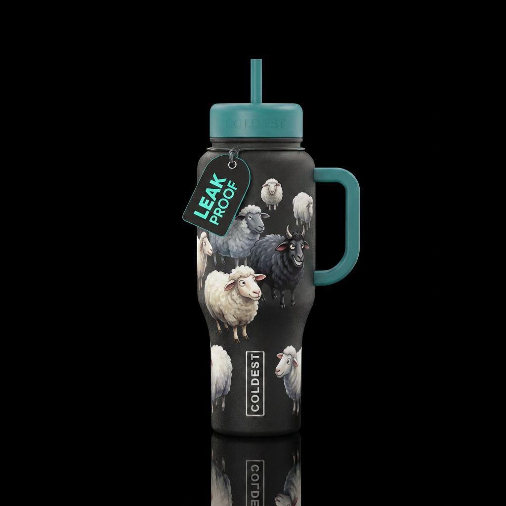 one black sheep in the group, whimsical, funny water bottle design