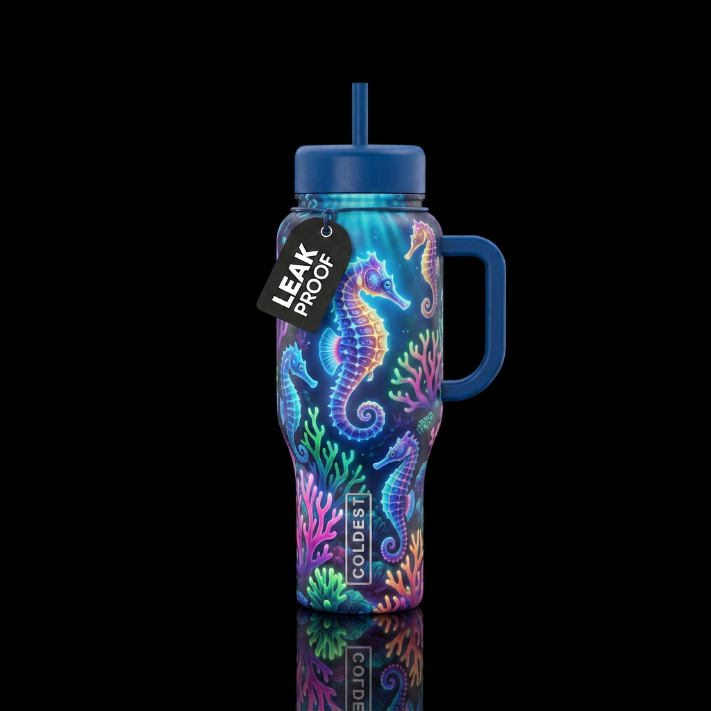 glowie, whimsical seahorses and coral water bottle design