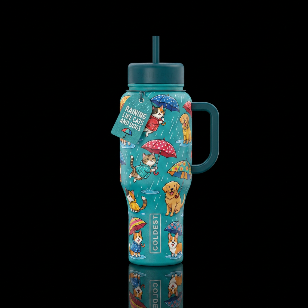 raining cats and dogs with umbrellas comical water bottle design