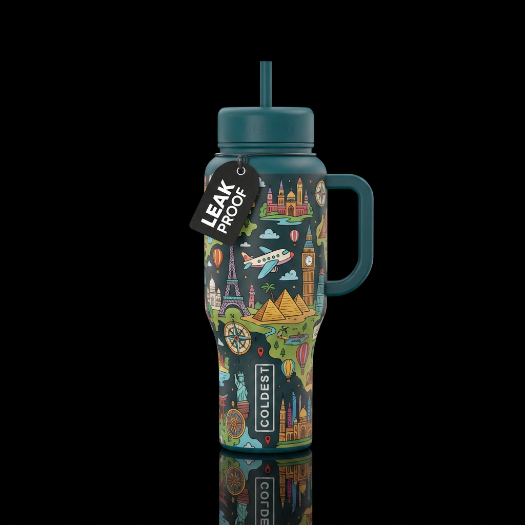 travel around the workd, whimsical water bottle design