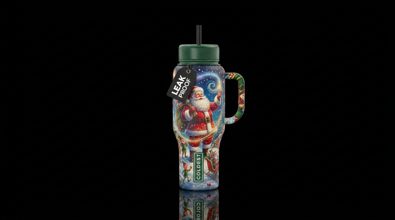 Santa, magic, whimsical water bottle design