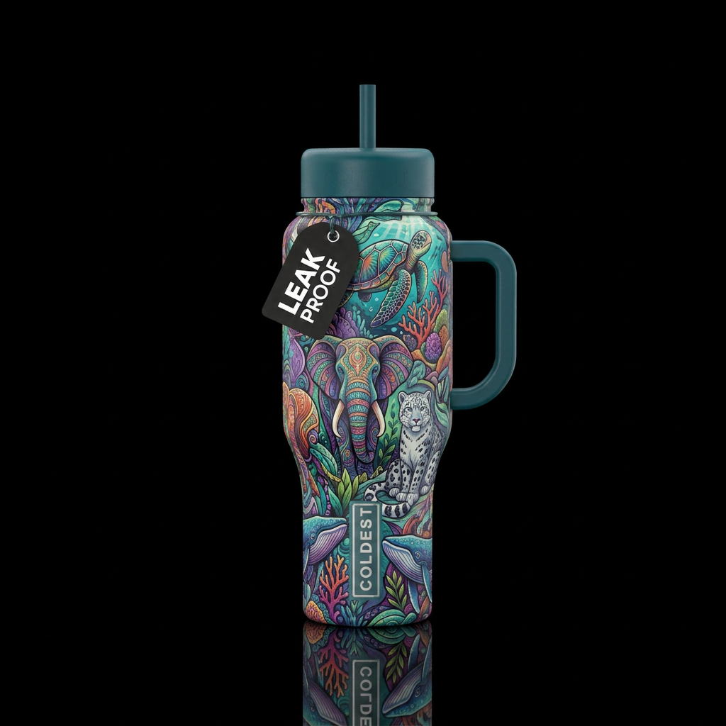 endangered species, whimsical, abstract water bottle design
