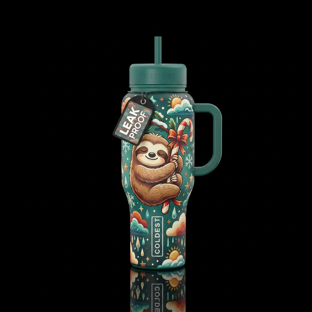 cuddle sloth with holiday weather water bottle design