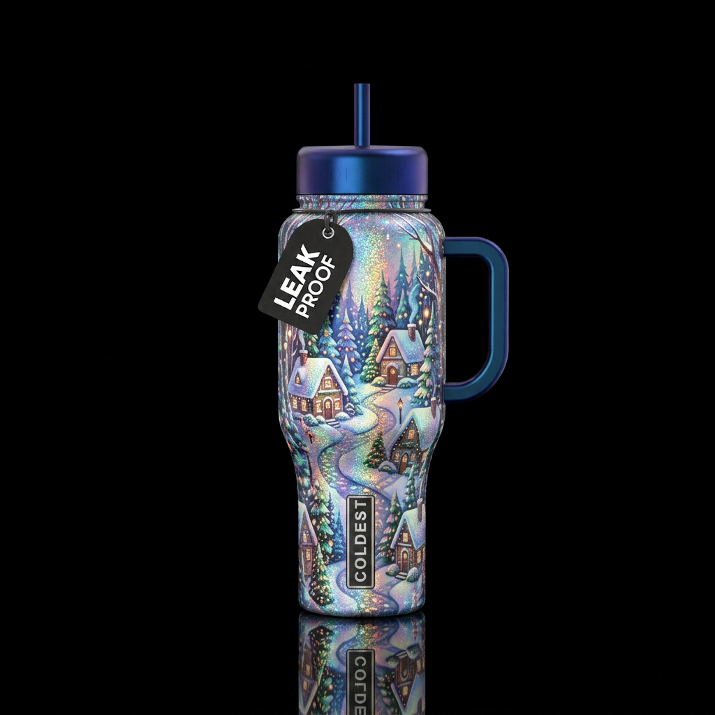 home for the winter holidays, trees, irridescent, ... water bottle design