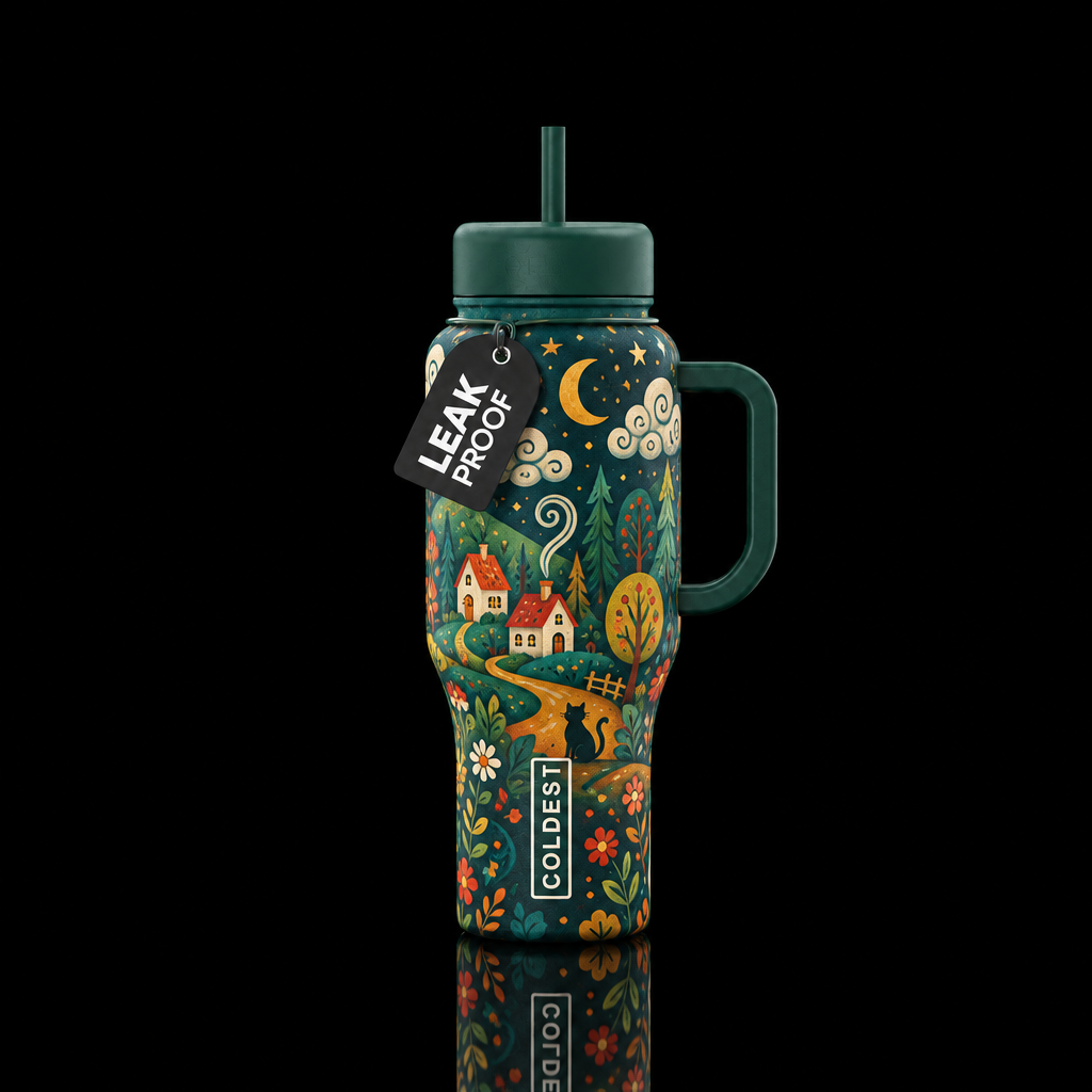 folk art houses water bottle design