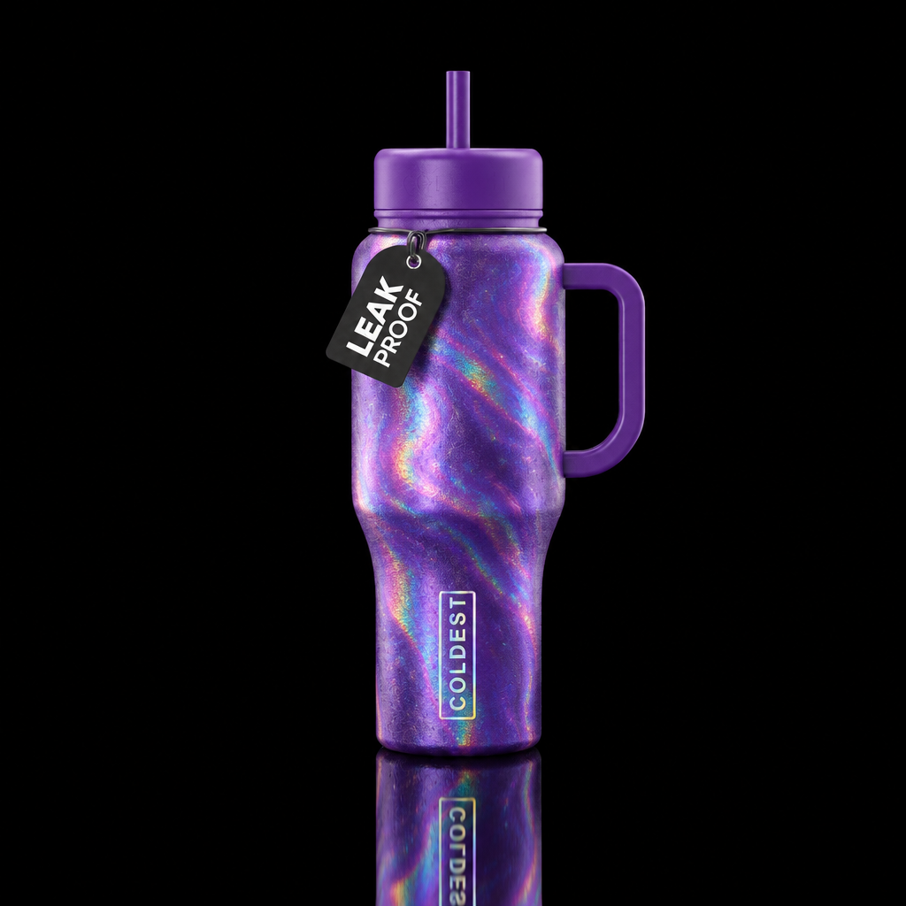 Purple oil slick water bottle design