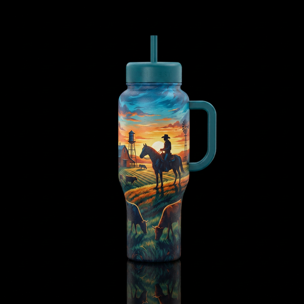 Cowboy farmlife water bottle design