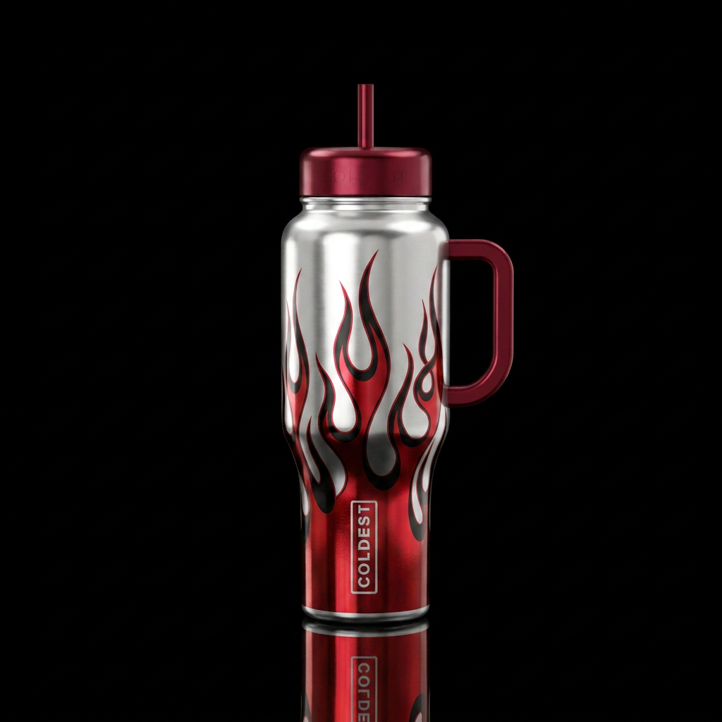Make a silver metallic bottle with red & black met... water bottle design