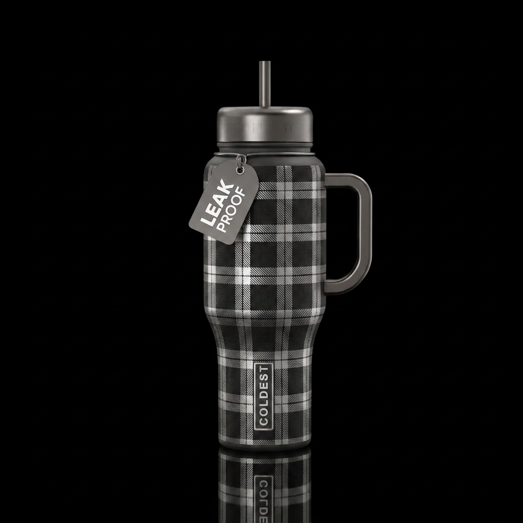Black & silver flannel water bottle design