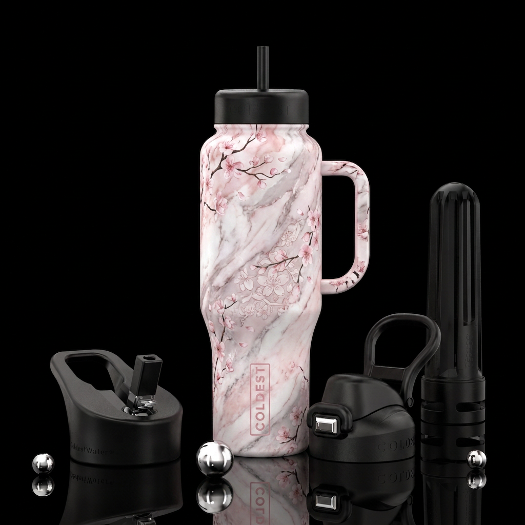 marble cherry blossoms water bottle design